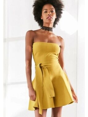 C/MEO Collective Strapless Tie-Waist Mustard Mini Dress